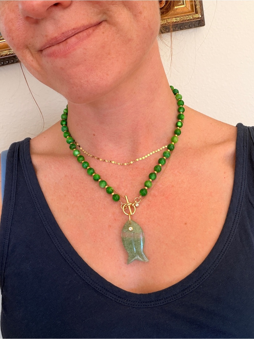 Gold & Green Jade Beaded Necklace with Fish Pendant